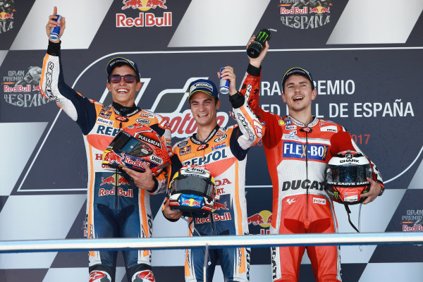 2017 MotoGP Championship - Round 4
Jerez, Spain
Sunday 7 May 2017
Podium: Race winner Dani Pedrosa, Repsol Honda Team, second place Marc Marquez, Repsol Honda Team, third place Jorge Lorenzo, Ducati Team
World Copyright: Gold & Goose Photography/LAT Images
ref: Digital Image 668750 2017 MotoGP Championship - Round 4
Jerez, Spain
Sunday 7 May 2017
Podium: Race winner Dani Pedrosa, Repsol Honda Team, second place Marc Marquez, Repsol Honda Team, third place Jorge Lorenzo, Ducati Team
World Copyright: Gold & Goose Photography/LAT Images
ref: Digital Image 668750