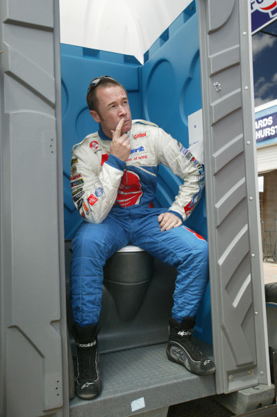 2003 Australian V8 Supercars
Bathurst 1000kms, Bathurst, Australia. 12th October 2003.
Holden V8 Supercar driver Greg Murphy looks back on last year when he got out of the car and went to the toilet during a 5min penelty in Bob Jane T-Marts 1000 . Murphy dominated the weekend breaking the lap record in qualifying and the Shootout, Kelly is the youngest driver to win at Bathurst, Australia.
World Copyright: Mark Horsburgh/ LAT Photographic 2003 Australian V8 Supercars
Bathurst 1000kms, Bathurst, Australia. 12th October 2003.
Holden V8 Supercar driver Greg Murphy looks back on last year when he got out of the car and went to the toilet during a 5min penelty in Bob Jane T-Marts 1000 . Murphy dominated the weekend breaking the lap record in qualifying and the Shootout, Kelly is the youngest driver to win at Bathurst, Australia.
World Copyright: Mark Horsburgh/ LAT Photographic