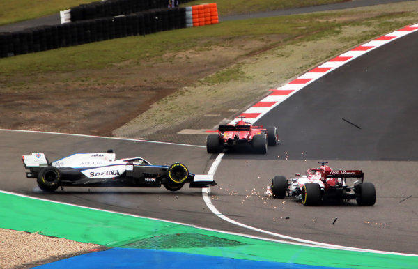 George Russell, Williams FW43, is aunched into the air after contact with Kimi Raikkonen, Alfa Romeo Racing C39. Raikkonen received a time penalty for causing the incident. Credit: Herve Tusoli/Motorsport Images George Russell, Williams FW43, is aunched into the air after contact with Kimi Raikkonen, Alfa Romeo Racing C39. Raikkonen received a time penalty for causing the incident. Credit: Herve Tusoli/Motorsport Images