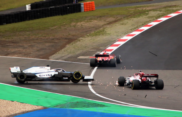 George Russell, Williams FW43, is aunched into the air after contact with Kimi Raikkonen, Alfa Romeo Racing C39. Raikkonen received a time penalty for causing the incident. Credit: Herve Tusoli/Motorsport Images