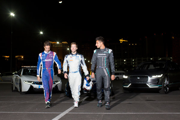 2016/2017 FIA Formula E Championship.
Vegas eRace, Las Vegas, Nevada, United States of America.
Thursday 5 January 2017.
Antonio Felix da Costa, MS Amlin Andretti, with Sam Bird, DS Virgin Racing, and Mitch Evans, Panasonic Jaguar.
Photo: Alastair Staley/LAT/Formula E
ref: Digital Image 580A1444