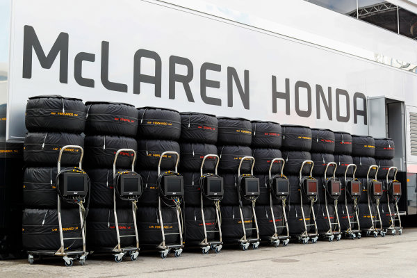 Circuit de Catalunya, Barcelona, Spain.
Thursday 11 May 2017.
A line-up of stacked and blanketed Pirelli tyres for Stoffel Vandoorne, McLaren MCL32 Honda and Fernando Alonso, McLaren. 
World Copyright: Steven Tee/LAT Images
ref: Digital Image _O3I1684