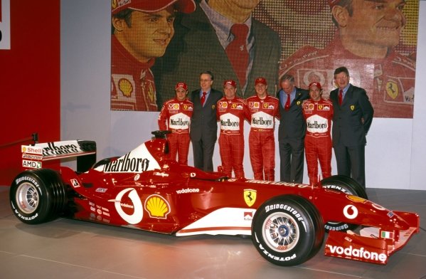 (L to R): Felipe Massa (BRA) Ferrari Test Driver, Paolo Martinelli (ITA) Ferrari Engine Director, Rubens Barrichello (BRA) Ferrari, Michael Schumacher (GER) Ferrari, Rory Byrne (RSA) Ferrari Chief Designer, Luca Badoer (ITA) Ferrari Test Driver and Ross Brawn (GBR) Ferrari Technical Director with the new Ferrari F2003-GA.
Ferrari F2003-GA Launch, Maranello, Italy, 7 February 2003.