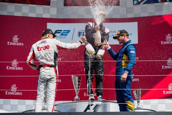 2017 FIA Formula 2 Round 5.
Red Bull Ring, Spielberg, Austria.
Sunday 9 July 2017.
Alexander Albon (THA, ART Grand Prix), Artem Markelov (RUS, RUSSIAN TIME) and Oliver Rowland (GBR, DAMS). 
Photo: Zak Mauger/FIA Formula 2.
ref: Digital Image _54I0406