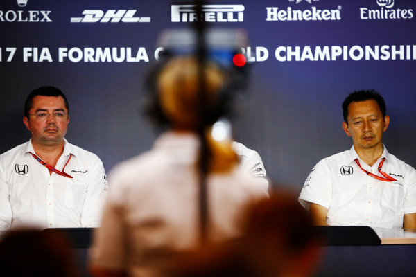 Red Bull Ring, Spielberg, Austria.
Friday 07 July 2017.
Eric Boullier, Racing Director, McLaren, and Yusuke Hasegawa, Senior Managing Officer, Honda, are filmed in the Friday press conference.
World Copyright: Andy Hone/LAT Images
ref: Digital Image _ONY0019 Red Bull Ring, Spielberg, Austria.
Friday 07 July 2017.
Eric Boullier, Racing Director, McLaren, and Yusuke Hasegawa, Senior Managing Officer, Honda, are filmed in the Friday press conference.
World Copyright: Andy Hone/LAT Images
ref: Digital Image _ONY0019