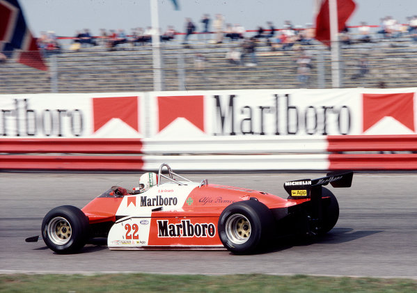 1982 Dutch Grand Prix.
Zandvoort, Holland.
1-3 July 1982.
Andrea de Cesaris (Alfa Romeo 182).
Ref-82 HOL 68.
World Copyright - LAT Photographic

