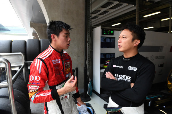 Thong Wei Fung (Shaun) (HK) Audi TEDA Racing Team chats with Marchy Lee (HK) Audi Hong Kong at Audi R8 LMS Cup, Rd7 and Rd8, Shanghai, China, 8-10 September 2017.