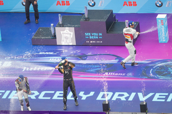 Lucas Di Grassi (BRA), Audi Sport ABT Schaeffler, 1st position, Sébastien Buemi (CHE), Nissan e.Dams, 2nd position, and Jean-Eric Vergne (FRA), DS TECHEETAH, DS E-Tense FE19, 3rd position, and Dieter Gass, Head of Audi Motorsports, celebrate on the podium