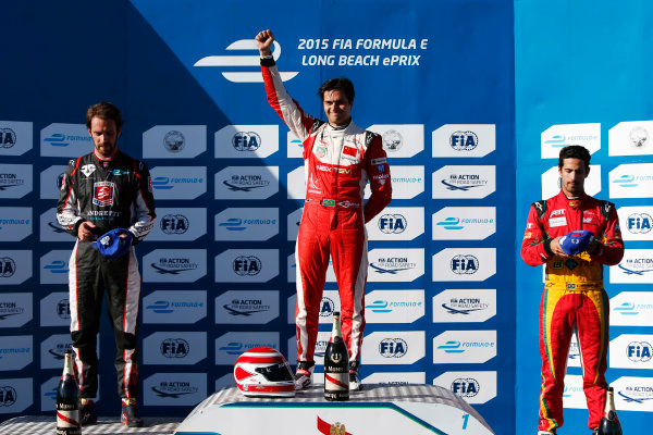 2014/2015 FIA Formula E Championship.
Long Beach ePrix, Long Beach, California, United States of America.
Sunday 5 April 2015
Podium. Nelson Piquet Jr (BRA)/China Racing - Spark-Renault SRT_01E, first, Jean-Eric Vergne (FRA)/Andretti Motorsport - Spark-Renault SRT_01E, second and Lucas di Grassi (BRA)/Audi Abt Sport - Spark-Renault SRT_01E, third.
Photo: Zak Mauger/LAT/Formula E
ref: Digital Image _L0U8672
2014/2015 FIA Formula E Championship.
Long Beach ePrix, Long Beach, California, United States of America.
Sunday 5 April 2015
Podium. Nelson Piquet Jr (BRA)/China Racing - Spark-Renault SRT_01E, first, Jean-Eric Vergne (FRA)/Andretti Motorsport - Spark-Renault SRT_01E, second and Lucas di Grassi (BRA)/Audi Abt Sport - Spark-Renault SRT_01E, third.
Photo: Zak Mauger/LAT/Formula E
ref: Digital Image _L0U8672