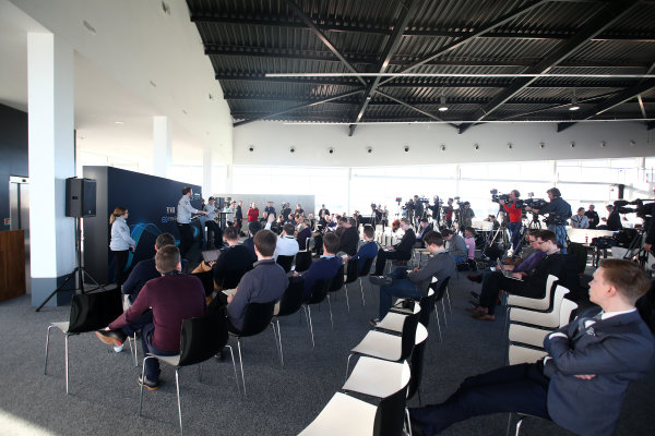 Mercedes F1 W08 Formula 1 Launch.
Silverstone, Northampton, UK.
Thursday 23 February 2017.
Valtteri Bottas, Mercedes AMG, talks to Bradley Lord, Head of Mercedes-Benz Motorsport Communications, in front of assembled media.
World Copyright: Hoyer/Ebrey/LAT Images
Ref: MDH19111