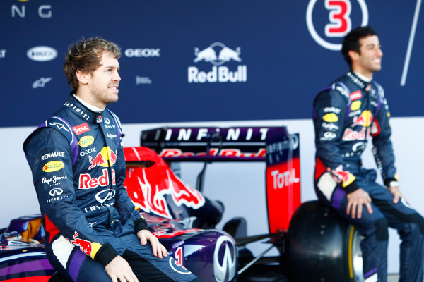 2014 F1 Pre Season Test 1 - Preview
Circuito de Jerez, Jerez, Spain.
Tuesday 28 January 2014.
Sebastian Vettel, Red Bull Racing. and Daniel Ricciardo, Red Bull Racing at the launch of the Red Bull RB10.
World Copyright: Alastair Staley/LAT Photographic.
ref: Digital Image _A8C7627