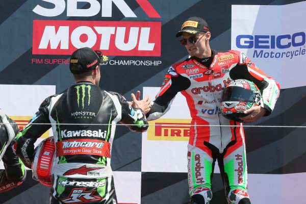 2017 Superbike World Championship - Round 8
Laguna Seca, USA.
Sunday 9 July 2017
Podium: winner Jonathan Rea, Kawasaki Racing, third place Chaz Davies, Ducati Team
World Copyright: Gold and Goose/LAT Images
ref: Digital Image 683458 2017 Superbike World Championship - Round 8
Laguna Seca, USA.
Sunday 9 July 2017
Podium: winner Jonathan Rea, Kawasaki Racing, third place Chaz Davies, Ducati Team
World Copyright: Gold and Goose/LAT Images
ref: Digital Image 683458