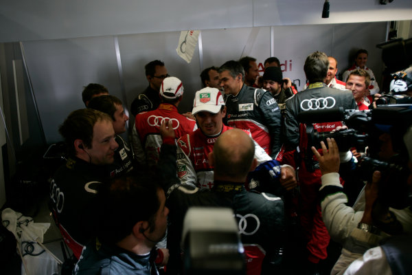 Silverstone, England. 24th - 26th August 2012. Rd 4.
Andre Lotterer (GER), Marcel Fassler (CHE), Benoit Treluyer (FRA), Audi Sport Team Joest, Audi R18 E-Tron Quatrro, celebrate after winning the 6 Hours of Silverstone, Portrait, 
World Copyright: Chris Bird/LAT Photographic.
Ref:  _A1A0859