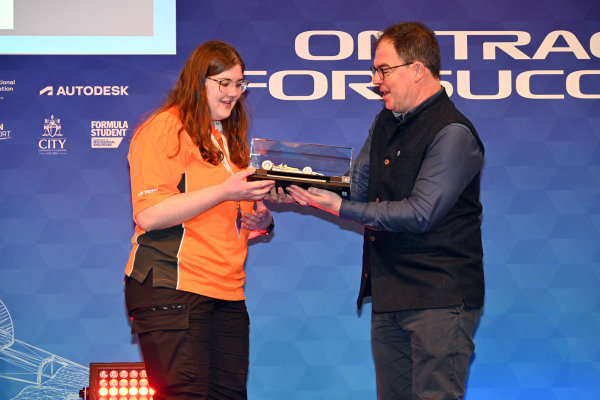 James Allen, presents the F1 In Schools Scrutineering Award to Robert Mays School