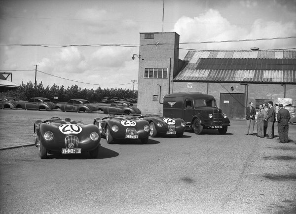 1951 Le Mans 24 hours.
Le Mans, France. 23-24 June 1951.
The Jaguar C-type team outside the Brown's Lane, Coventry factory. Left-to-right, the cars of Peter Walker/Peter Whitehead (1st position), Leslie Johnson/Clemente Biondetti and Stirling Moss/Jack Fairman.
Ref-Motor 626/38.
World Copyright - LAT Photographic
1951 Le Mans 24 hours.
Le Mans, France. 23-24 June 1951.
The Jaguar C-type team outside the Brown's Lane, Coventry factory. Left-to-right, the cars of Peter Walker/Peter Whitehead (1st position), Leslie Johnson/Clemente Biondetti and Stirling Moss/Jack Fairman.
Ref-Motor 626/38.
World Copyright - LAT Photographic