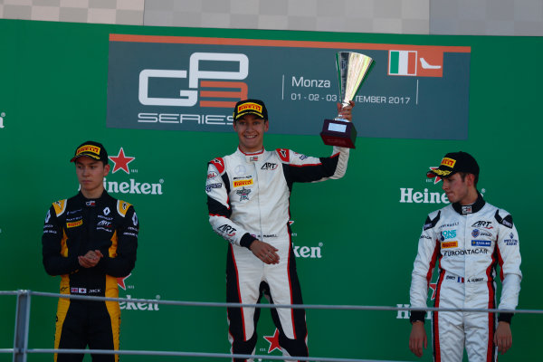 2017 GP3 Series Round 6. 
Autodromo Nazionale di Monza, Monza, Italy.
Sunday 3 September 2017.
Jack Aitken (GBR, ART Grand Prix), George Russell (GBR, ART Grand Prix), Anthoine Hubert (FRA, ART Grand Prix). 
Photo: Sam Bloxham/GP3 Series Media Service.
ref: Digital Image _W6I4474