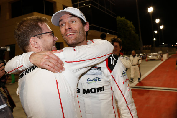 2015 FIA World Endurance Championship
Bahrain 6-Hours
Bahrain International Circuit, Bahrain
Saturday 21 November 2015.
Mark Webber (#17 LMP1 Porsche AG Porsche 919 Hybrid celebrates after winning the drivers championship.
World Copyright: Alastair Staley/LAT Photographic
ref: Digital Image _79P1351