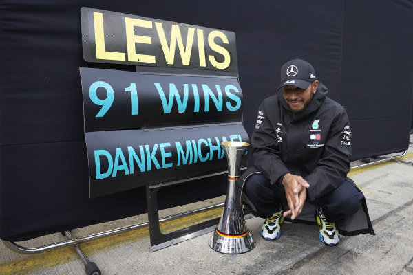 Lewis Hamilton, Mercedes-AMG Petronas F1, 1st position, celebrates after securing his 91st F1 race win, equalling the record of Michael Schumacher Lewis Hamilton, Mercedes-AMG Petronas F1, 1st position, celebrates after securing his 91st F1 race win, equalling the record of Michael Schumacher