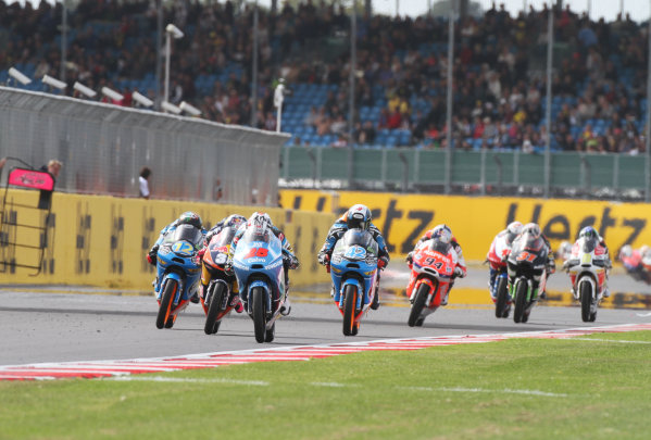 British Grand Prix. 
Silverstone, England. 30th August - 1st September 2013. 
Maverick Vinales, KTM, leads Luis Salom, KTM, Alex Marquez, KTM, Alex Rins, KTM, and Jonas Folger, Kalex KTM. 
Ref: IMG_2644a. World copyright: Kevin Wood/LAT Photographic