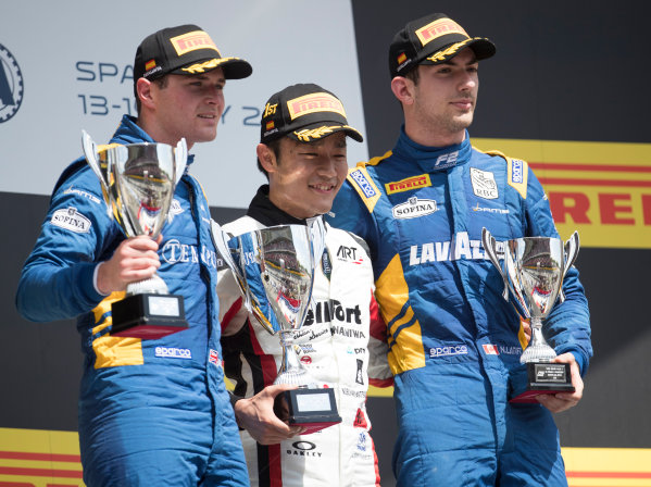 2017 FIA Formula 2 Round 2.
Circuit de Catalunya, Barcelona, Spain.
Sunday 14 May 2017.
Race winner Nobuharu Matsushita (JPN, ART Grand Prix) on the podium withOliver Rowland (GBR, DAMS) and Nicholas Latifi (CAN, DAMS) 
Photo: Jed Leicester/FIA Formula 2.
ref: Digital Image JL2_1641