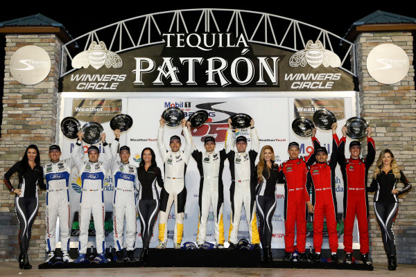 2017 IMSA WeatherTech SportsCar Championship
Mobil 1 Twelve Hours of Sebring
Sebring International Raceway, Sebring, FL USA
Saturday 18 March 2017
66, Ford, Ford GT, GTLM, Joey Hand, Dirk Muller, Sebastien Bourdais, 3, Chevrolet, Corvette C7.R, GTLM, Antonio Garcia, Jan Magnussen, Mike Rockenfeller, 62, Ferrari, Ferrari 488 GTE, GTLM, Toni Vilander, Giancarlo Fisichella, James Calado, podium
World Copyright: Michael L. Levitt/LAT Images
ref: Digital Image levitt_seb_0317-31776 2017 IMSA WeatherTech SportsCar Championship
Mobil 1 Twelve Hours of Sebring
Sebring International Raceway, Sebring, FL USA
Saturday 18 March 2017
66, Ford, Ford GT, GTLM, Joey Hand, Dirk Muller, Sebastien Bourdais, 3, Chevrolet, Corvette C7.R, GTLM, Antonio Garcia, Jan Magnussen, Mike Rockenfeller, 62, Ferrari, Ferrari 488 GTE, GTLM, Toni Vilander, Giancarlo Fisichella, James Calado, podium
World Copyright: Michael L. Levitt/LAT Images
ref: Digital Image levitt_seb_0317-31776
