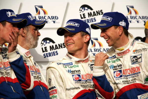 Circuit Paul Ricard, France. 1st - 3rd April 2011.
Six Hours Of Castellet.
Emmanuel Collard / Christophe Tinseau / Julien Jousse, Pescarolo Team, Pescarolo - Judd celebrate victory on the podium with Henri Pescarolo. 
Portrait.         
World Copyright: Drew Gibson/LAT Photographic.
ref: Digital Image _Y2Z2170