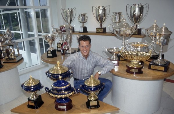 1995 F1 World Championship.
Michael Schumacher, Benetton, World Champion with trophies.
World Copyright: LAT Photographic