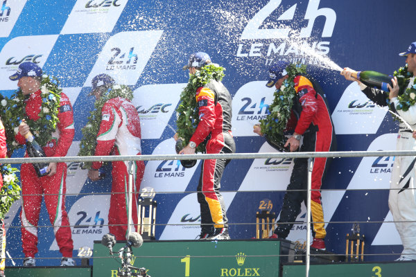 2017 Le Mans 24 Hours
Circuit de la Sarthe, Le Mans, France.
Sunday 18th  June 2017
#55 Spirit of Race Ferrari 488 GTE: Duncan Cameron, Aaron Scott, Marco Cioci, #84 JMW Motorsport Ferrari 488 GTE: Robert Smith, Will Stevens, Dries Vanthoor and #62 Scuderia Corsa Ferrari 488 GTE: Cooper MacNeil, Bill Sweedler, Townsend Bell 
World Copyright: JEP/LAT Images
