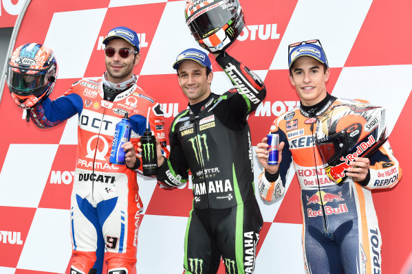 2017 MotoGP Championship - Round 15
Motegi, Japan.
Saturday 14 October 2017
Polesitter Johann Zarco, Monster Yamaha Tech 3, second place Danilo Petrucci, Pramac Racing, third place Marc Marquez, Repsol Honda Team 
World Copyright: Gold and Goose / LAT Images
ref: Digital Image 697041