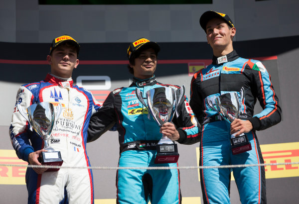 2017 GP3 Series Round 1. 
Circuit de Catalunya, Barcelona, Spain.
Sunday 14 May 2017.
Winner of Race Two Arjun Maini (IND, Jenzer Motorsport) , second placed Dorian Boccolacci (FRA, Trident) and third placed Alessio Lorandi (ITA, Jenzer Motorsport) on the podium
Photo: Jed Leicester/GP3 Series Media Service.
ref: Digital Image JL1_0163