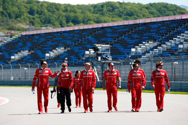 Sochi Autodrom, Sochi, Russia.
Thursday 27 April 2017.
Sebastian Vettel, Ferrari, conducts a track walk with colleagues, including Jock Clear, Engineering Director, Ferrari. 
World Copyright: Andy Hone/LAT Images
ref: Digital Image _ONY8662