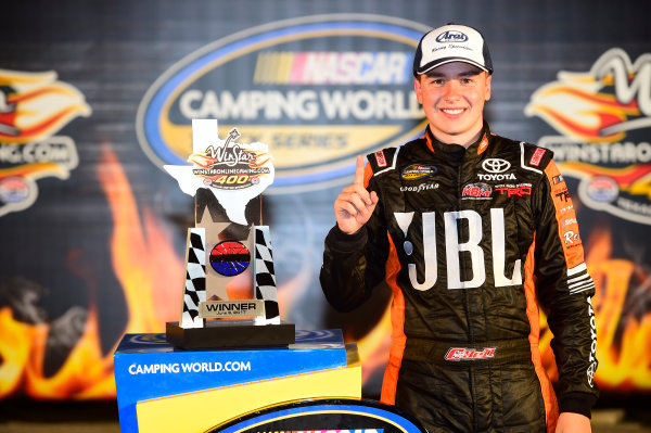 NASCAR Camping World Truck Series
winstaronlinegaming.com 400
Texas Motor Speedway, Ft. Worth, TX USA
Friday 9 June 2017
Christopher Bell, JBL Toyota Tundra, celebrates in Victory Lane.
World Copyright: John K Harrelson
LAT Images
ref: Digital Image 17TEX2jh_02565 NASCAR Camping World Truck Series
winstaronlinegaming.com 400
Texas Motor Speedway, Ft. Worth, TX USA
Friday 9 June 2017
Christopher Bell, JBL Toyota Tundra, celebrates in Victory Lane.
World Copyright: John K Harrelson
LAT Images
ref: Digital Image 17TEX2jh_02565