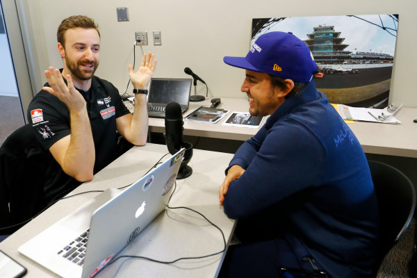 Verizon IndyCar Series 
Indianapolis 500 Race
Indianapolis Motor Speedway, Indianapolis, IN USA 
Thursday 25 May 2017.
Fernando Alonso, McLaren-Honda-Andretti Honda, and James Hinchcliffe, Schmidt Peterson Motorsports Honda.
World Copyright: Steven Tee/LAT Images
ref: Digital Image _R3I5455