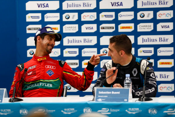 2016/2017 FIA Formula E Championship.
Monte-Carlo, Monaco
Saturday 13 May 2017.
Lucas Di Grassi (BRA), ABT Schaeffler Audi Sport, Spark-Abt Sportsline, ABT Schaeffler FE02, and Sebastien Buemi (SUI), Renault e.Dams, Spark-Renault, Renault Z.E 16, in the Press Conference.
Photo: Sam Bloxham/LAT/Formula E
ref: Digital Image _W6I6886