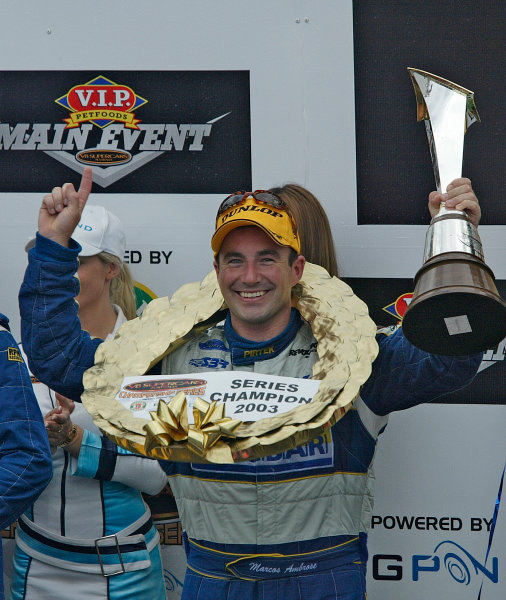 Australian V8 Supercars, Round 13, Eastern Creek, Sydney. 30th Nov 2003.
Ford driver Marcos Ambrose takes victory in race 2 to win the 2003 V8 Supercar Championship at the VIP Petfoods Main Event at Eastern Creek International Raceway 20km west of Sydney NSW, Australia.
Photo: Mark Horsburgh/LAT Photographic