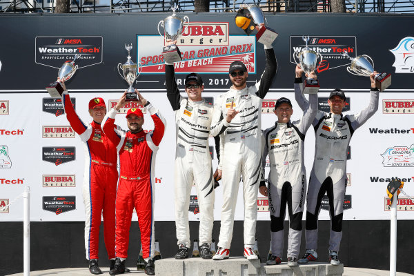 2017 IMSA WeatherTech SportsCar Championship
BUBBA burger Sports Car Grand Prix at Long Beach
Streets of Long Beach, CA USA
Saturday 8 April 2017
63, Ferrari, Ferrari 488 GT3, GTD, Alessandro Balzan, Christina Nielsen, 50, Mercedes, Mercedes AMG GT3, GTD, Gunnar Jeannette, Cooper MacNeil, 33, Mercedes, Mercedes AMG GT3, GTD, Ben Keating, Jeroen Bleekemolen, podium
World Copyright: Michael L. Levitt
LAT Images
ref: Digital Image levitt-0417-lbgp_09270 2017 IMSA WeatherTech SportsCar Championship
BUBBA burger Sports Car Grand Prix at Long Beach
Streets of Long Beach, CA USA
Saturday 8 April 2017
63, Ferrari, Ferrari 488 GT3, GTD, Alessandro Balzan, Christina Nielsen, 50, Mercedes, Mercedes AMG GT3, GTD, Gunnar Jeannette, Cooper MacNeil, 33, Mercedes, Mercedes AMG GT3, GTD, Ben Keating, Jeroen Bleekemolen, podium
World Copyright: Michael L. Levitt
LAT Images
ref: Digital Image levitt-0417-lbgp_09270