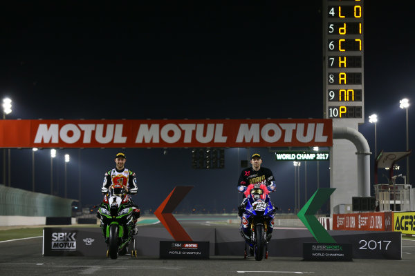 2017 Superbike World Championship - Round 13
Losail, Qatar.
Saturday 4 November 2017
WSBK Champion Jonathan Rea, Kawasaki Racing, WSSP Champion Lucas Mahias, GRT Yamaha Official WorldSSP Team
World Copyright: Gold and Goose Photography/LAT Images
ref: Digital Image 704336 2017 Superbike World Championship - Round 13
Losail, Qatar.
Saturday 4 November 2017
WSBK Champion Jonathan Rea, Kawasaki Racing, WSSP Champion Lucas Mahias, GRT Yamaha Official WorldSSP Team
World Copyright: Gold and Goose Photography/LAT Images
ref: Digital Image 704336