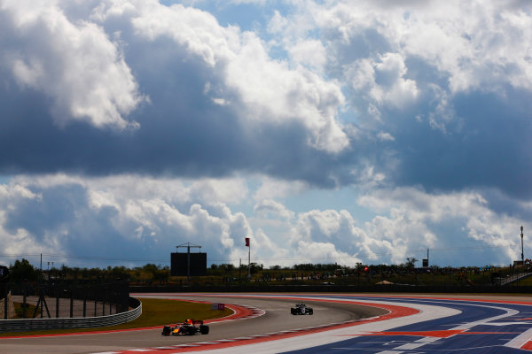 Circuit of the Americas, Austin, Texas, United States of America.
Saturday 21 October 2017.
Max Verstappen, Red Bull Racing RB13 TAG Heuer, leads Kevin Magnussen, Haas VF-17 Ferrari.
World Copyright: Andy Hone/LAT Images 
ref: Digital Image _ONZ6889