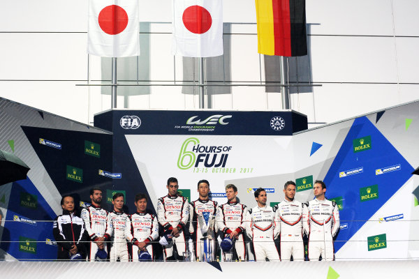 2017 FIA World Endurance Championship,
Fuji, Japan. 13th-15th October 2017,
P1 Podium - #8 Toyota Gazoo Racing Toyota TS050-Hybrid: Sebastien Buemi, Anthony Davidson, Kazuki Nakajima wins from #7 Toyota Gazoo Racing Toyota TS050-Hybrid: Mike Conway, Kamui Kobayashi, Jose Maria Lopez and #1 Porsche LMP Team Porsche 919 Hybrid: Neel Jani, Andre Lotterer, Nick Tandy
World copyright. JEP/LAT Images 2017 FIA World Endurance Championship,
Fuji, Japan. 13th-15th October 2017,
P1 Podium - #8 Toyota Gazoo Racing Toyota TS050-Hybrid: Sebastien Buemi, Anthony Davidson, Kazuki Nakajima wins from #7 Toyota Gazoo Racing Toyota TS050-Hybrid: Mike Conway, Kamui Kobayashi, Jose Maria Lopez and #1 Porsche LMP Team Porsche 919 Hybrid: Neel Jani, Andre Lotterer, Nick Tandy
World copyright. JEP/LAT Images