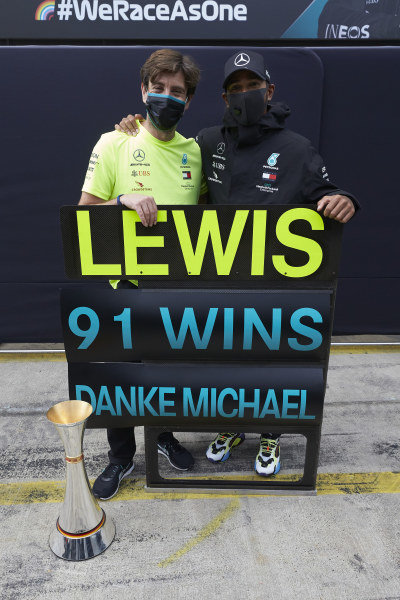 Lewis Hamilton, Mercedes-AMG Petronas F1, 1st position, celebrates with his team after securing his 91st F1 race win, equalling the record of Michael Schumacher Lewis Hamilton, Mercedes-AMG Petronas F1, 1st position, celebrates with his team after securing his 91st F1 race win, equalling the record of Michael Schumacher