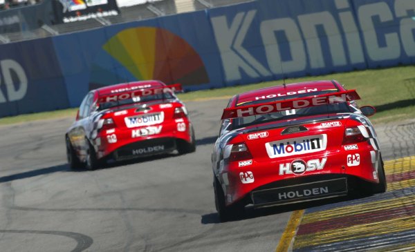 2002 Australian V8 Supercars
Adelaide Clipsal 500. Australia. 17th March 2002
HRT's Jason Bright leads team mate Mark Skaife, last years series champion for 72 laps unit hitting the wall on the exit of turn nine which put an end to his race.
World Copyright: Mark Horsburgh/LAT Photographic
ref: Digital Image Only