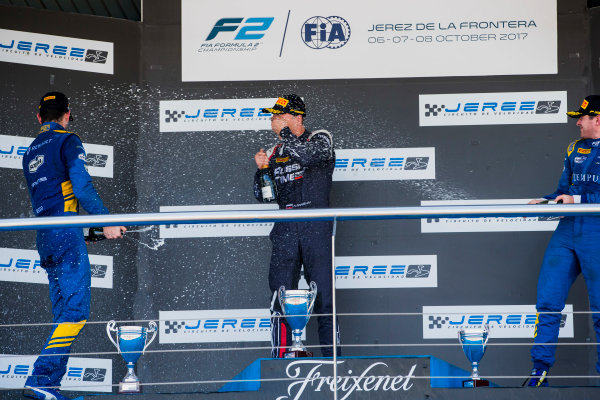 2017 FIA Formula 2 Round 10.
Circuito de Jerez, Jerez, Spain.
Sunday 8 October 2017.
Nicholas Latifi (CAN, DAMS), Artem Markelov (RUS, RUSSIAN TIME), Oliver Rowland (GBR, DAMS).
Photo: Zak Mauger/FIA Formula 2.
ref: Digital Image _X0W2939 2017 FIA Formula 2 Round 10.
Circuito de Jerez, Jerez, Spain.
Sunday 8 October 2017.
Nicholas Latifi (CAN, DAMS), Artem Markelov (RUS, RUSSIAN TIME), Oliver Rowland (GBR, DAMS).
Photo: Zak Mauger/FIA Formula 2.
ref: Digital Image _X0W2939