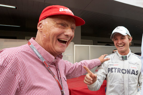 2012 Indian Grand Prix - Saturday
Buddh International Circuit, New Delhi, India.
27th October 2012.
Niki Lauda jokes with Nico Rosberg, Mercedes AMG. 
World Copyright:Steve Etherington/LAT Photographic
ref: Digital Image SNE19039 copy