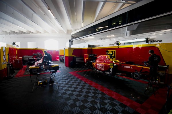 2017 FIA Formula 2 Round 3.
Monte Carlo, Monaco.
Wednesday 24 May 2017.
Mechanics prepare the cars of Louis Deletraz (SUI, Racing Engineering) and Gustav Malja (SWE, Racing Engineering) 
Photo: Zak Mauger/FIA Formula 2.
ref: Digital Image _56I4629