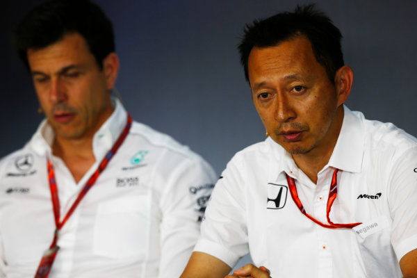 Red Bull Ring, Spielberg, Austria.
Friday 07 July 2017.
Yusuke Hasegawa, Senior Managing Officer, Honda, and Toto Wolff, Executive Director (Business), Mercedes AMG, in the Friday press conference.
World Copyright: Andy Hone/LAT Images
ref: Digital Image _ONY9973