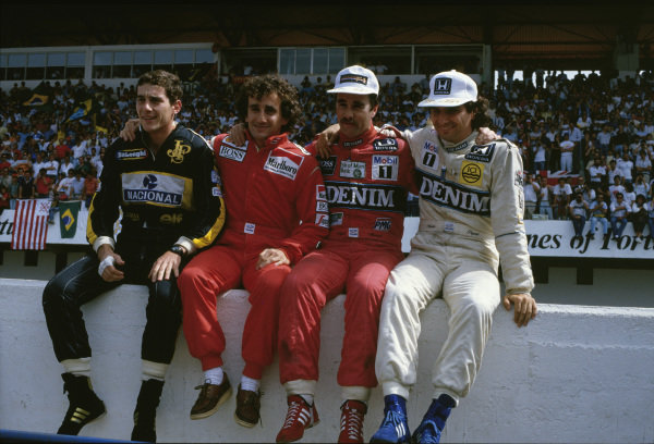 Estoril, Portugal.19-21 September 1986.(L-R) Championship contenders Ayrton Senna (Team Lotus), Alain Prost (McLaren TAG Porsche), Nigel Mansell and Nelson Piquet (both Williams Honda).Ref-86 POR 11.World Copyright - LAT Photographic Estoril, Portugal.19-21 September 1986.(L-R) Championship contenders Ayrton Senna (Team Lotus), Alain Prost (McLaren TAG Porsche), Nigel Mansell and Nelson Piquet (both Williams Honda).Ref-86 POR 11.World Copyright - LAT Photographic