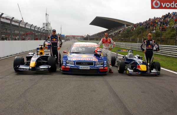 2006 DTM Championship.
Round 7, Circuit Park Zandvoort. 1st - 3rd September 2006.
The Red Bull demo: ( left) Robert Doornbos (NED), Red Bull Racing F1 driver; (middle) Marco Werner, Audi driver; (right) Sebastian Vettel (GER), ASM Formula 3, Dallara F305 Mercedes on the straight.
World Copyright: Pieters/xpb
cc/LAT
ref: Digital Image Only