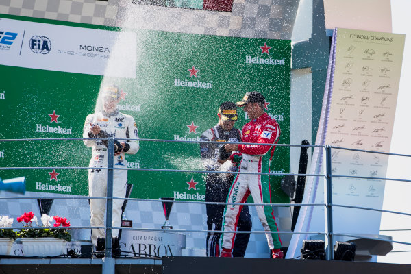 2017 FIA Formula 2 Round 9.
Autodromo Nazionale di Monza, Monza, Italy.
Sunday 3 September 2017.
Sergio Sette Camara (BRA, MP Motorsport), Luca Ghiotto (ITA, RUSSIAN TIME), Antonio Fuoco (ITA, PREMA Racing). 
Photo: Zak Mauger/FIA Formula 2.
ref: Digital Image _56I9228