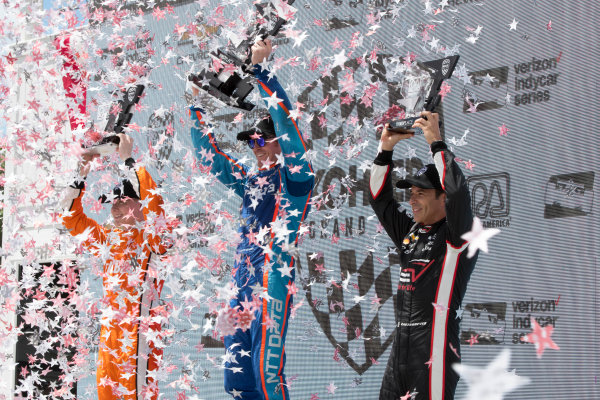 Verizon IndyCar Series
Kohler Grand Prix
Road America, Elkhart Lake, WI USA
Sunday 25 June 2017
Podium, 2nd place Josef Newgarden, Team Penske Chevrolet, 1st place Scott Dixon, Chip Ganassi Racing Teams Honda, and 3rd place Helio Castroneves, Team Penske Chevrolet
World Copyright: Geoffrey M. Miller
LAT Images