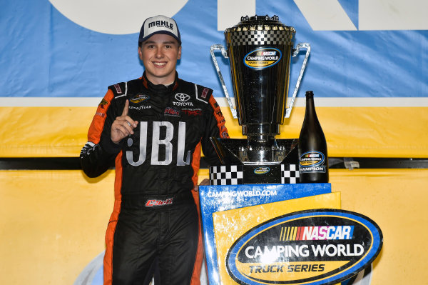 NASCAR Camping World Truck Series
Ford EcoBoost 200
Homestead-Miami Speedway, Homestead, FL USA
Friday 17 November 2017
Christopher Bell, JBL Toyota Tundra celebrates winning the 2017 NASCAR Camping world Truck Series Championship
World Copyright: Nigel Kinrade
LAT Images NASCAR Camping World Truck Series
Ford EcoBoost 200
Homestead-Miami Speedway, Homestead, FL USA
Friday 17 November 2017
Christopher Bell, JBL Toyota Tundra celebrates winning the 2017 NASCAR Camping world Truck Series Championship
World Copyright: Nigel Kinrade
LAT Images